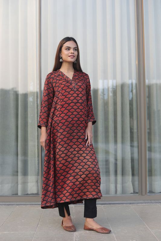 Black Ajrakh red floral print Modal Kurta