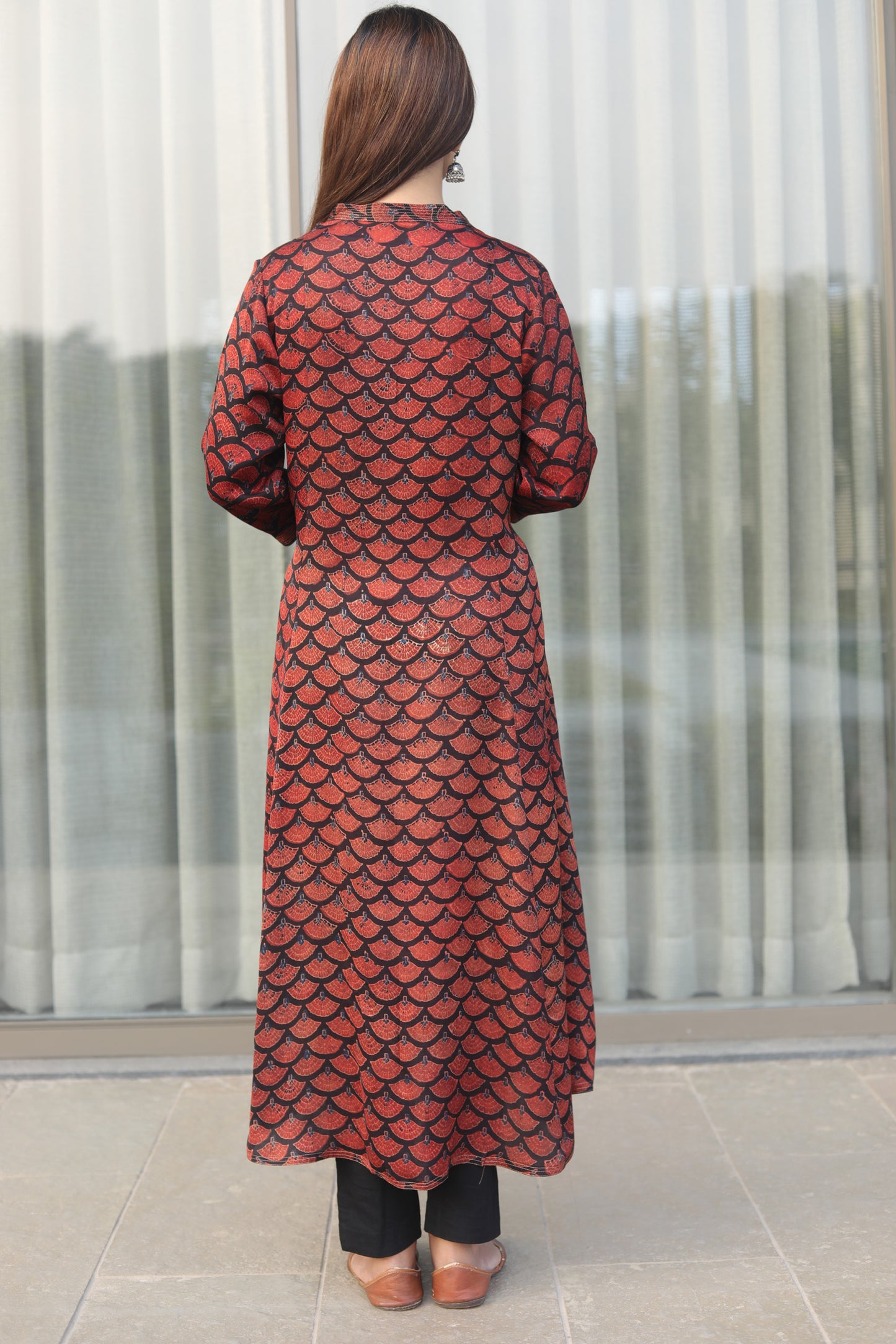 Black Ajrakh red floral print Modal Kurta