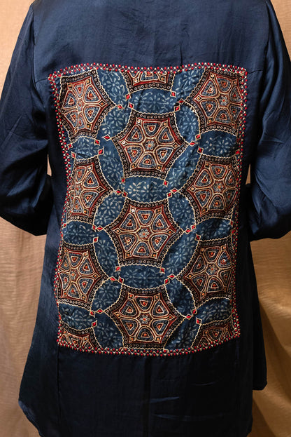 Blue Modal Silk Ajrakh Patched Shirt