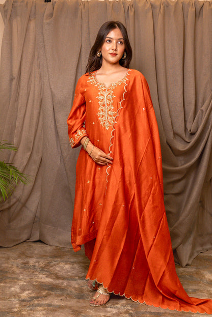 Orange Golden Embroidered Chanderi Silk Suit Set