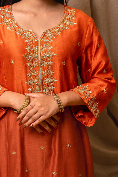 Orange Golden Embroidered Chanderi Silk Suit Set