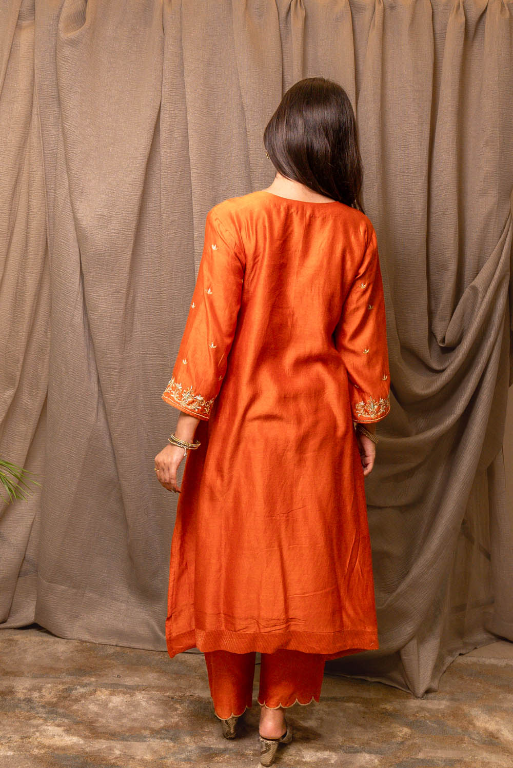 Orange Golden Embroidered Chanderi Silk Suit Set