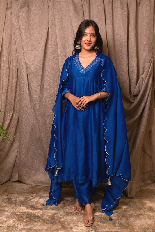 Electric Blue Chanderi Silk Embroidered Suit Set