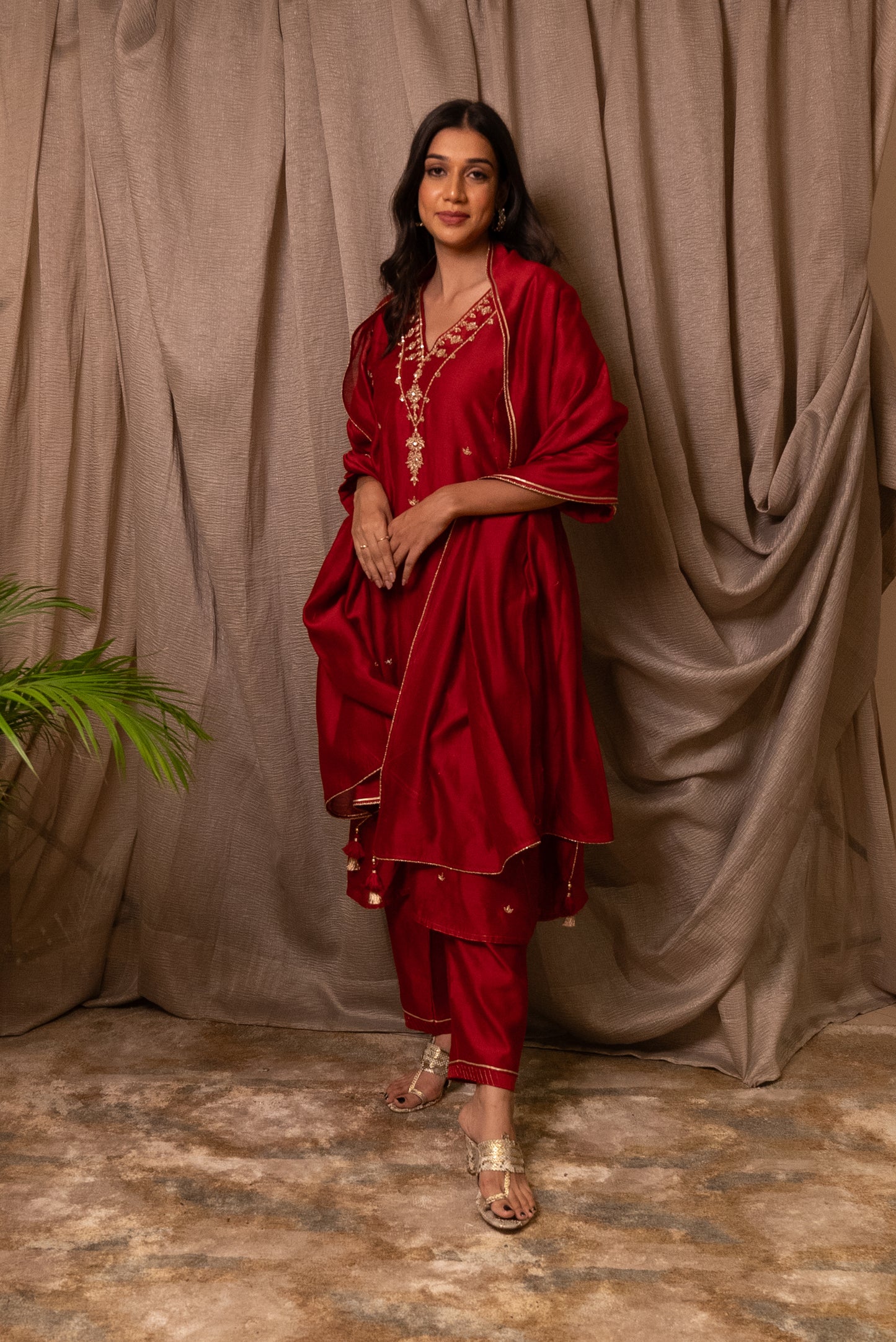 Red Chanderi Silk Golden Embroidered Suit Set