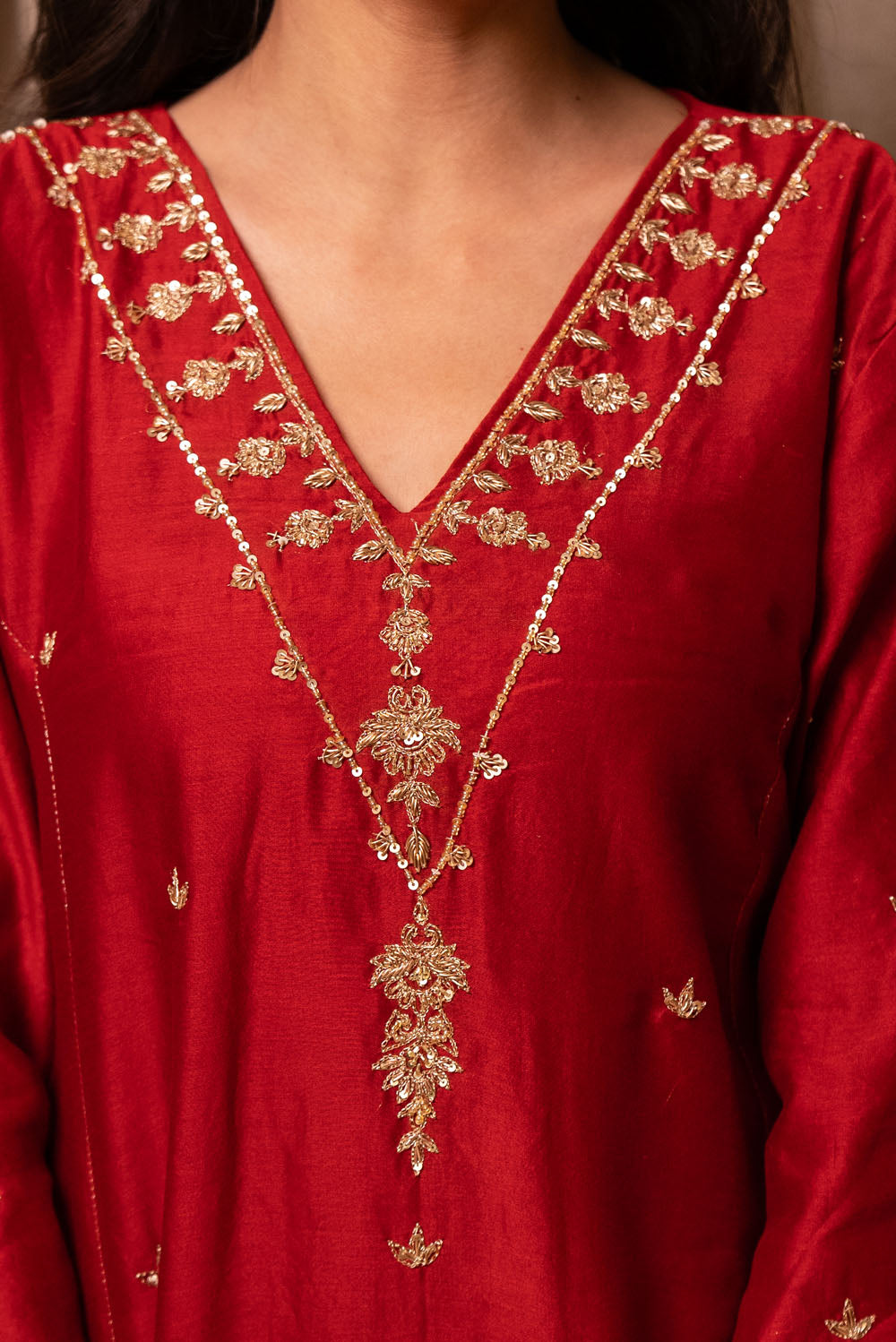 Red Chanderi Silk Golden Embroidered Suit Set