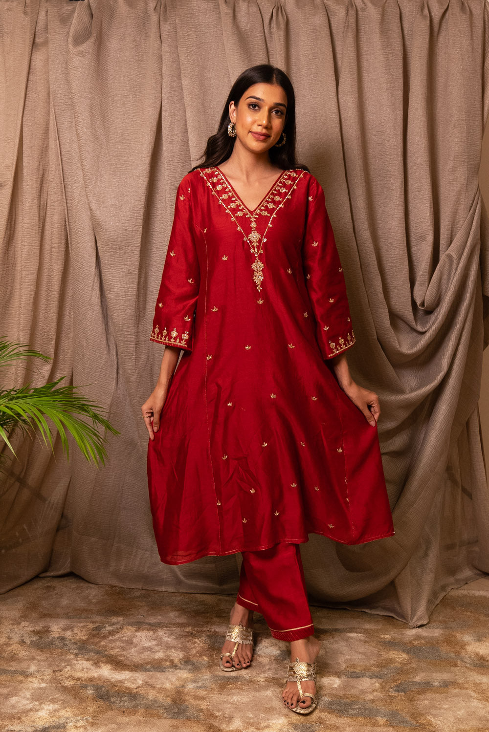 Red Chanderi Silk Golden Embroidered Suit Set