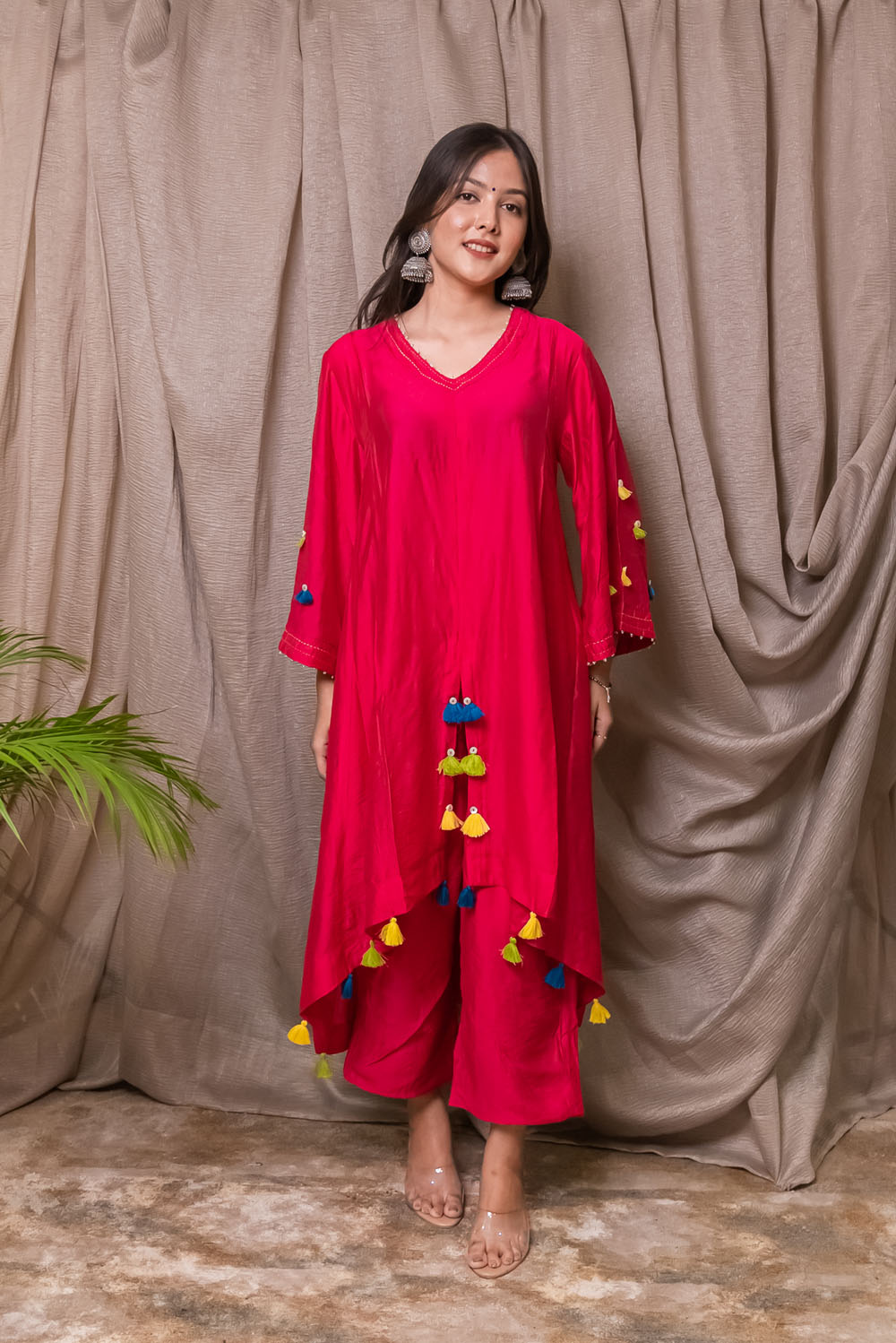 Pink Chanderi Embroidered Tassel Cape And Pant