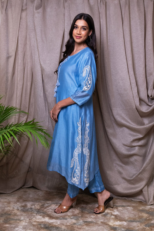 Ice Blue White  Paisley Silk Embroidered Kurta And Pant