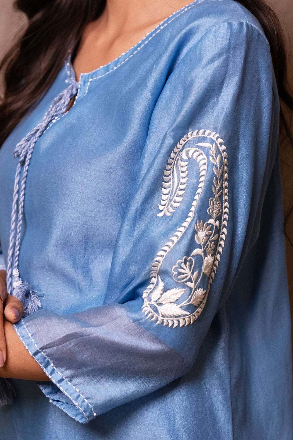 Ice Blue White  Paisley Silk Embroidered Kurta And Pant