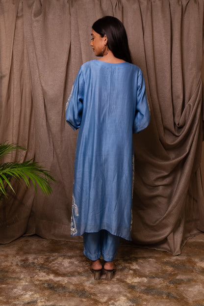 Ice Blue White  Paisley Silk Embroidered Kurta And Pant