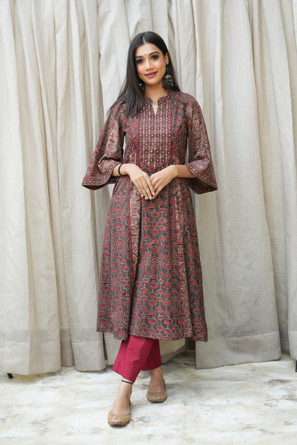 Brown ajrakh hand embroidered kali kurta