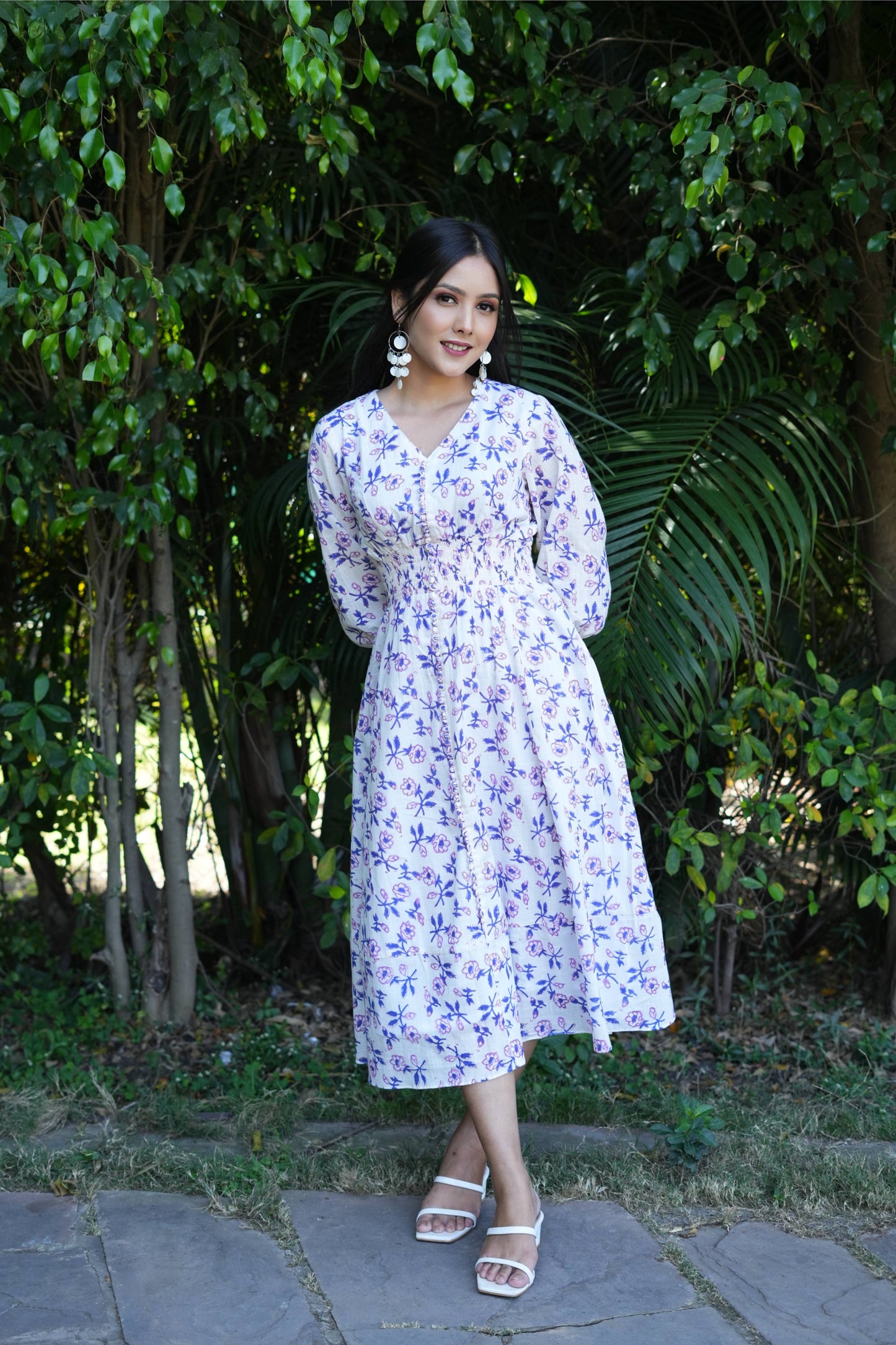 White Purple Flower Cotton Dress