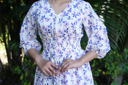 White Purple Flower Cotton Dress