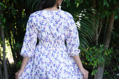 White Purple Flower Cotton Dress