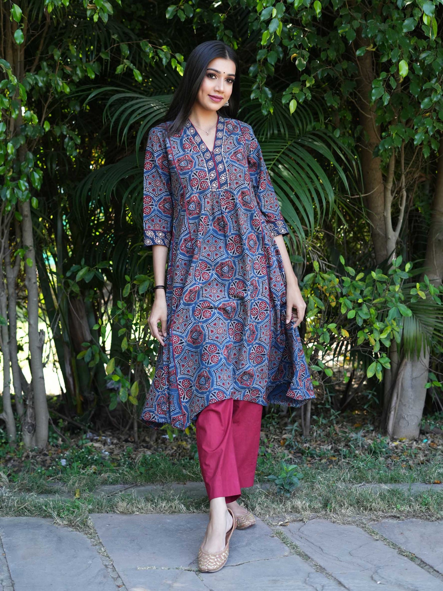 Blue Ajrakh Golden Sequence Kurta