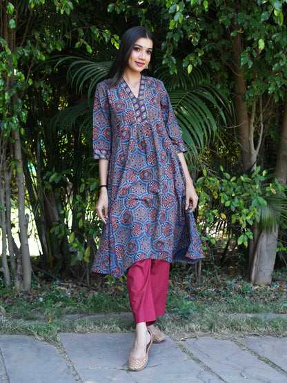 Blue Ajrakh Golden Sequence Kurta