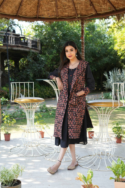 Black Cotton Slub Ajrakh Jacket Style Dress