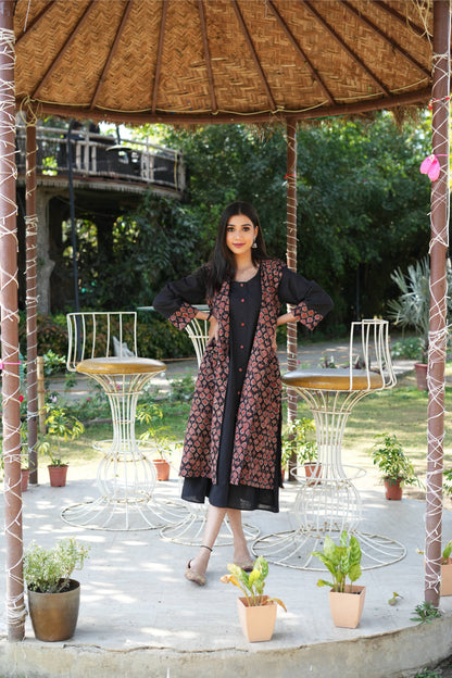 Black Cotton Slub Ajrakh Jacket Style Dress