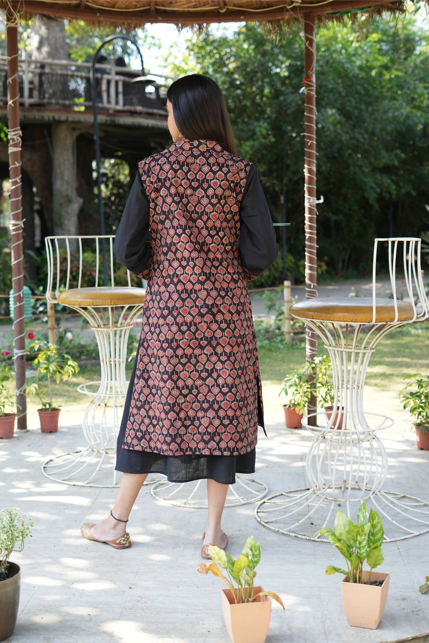 Black Cotton Slub Ajrakh Jacket Style Dress