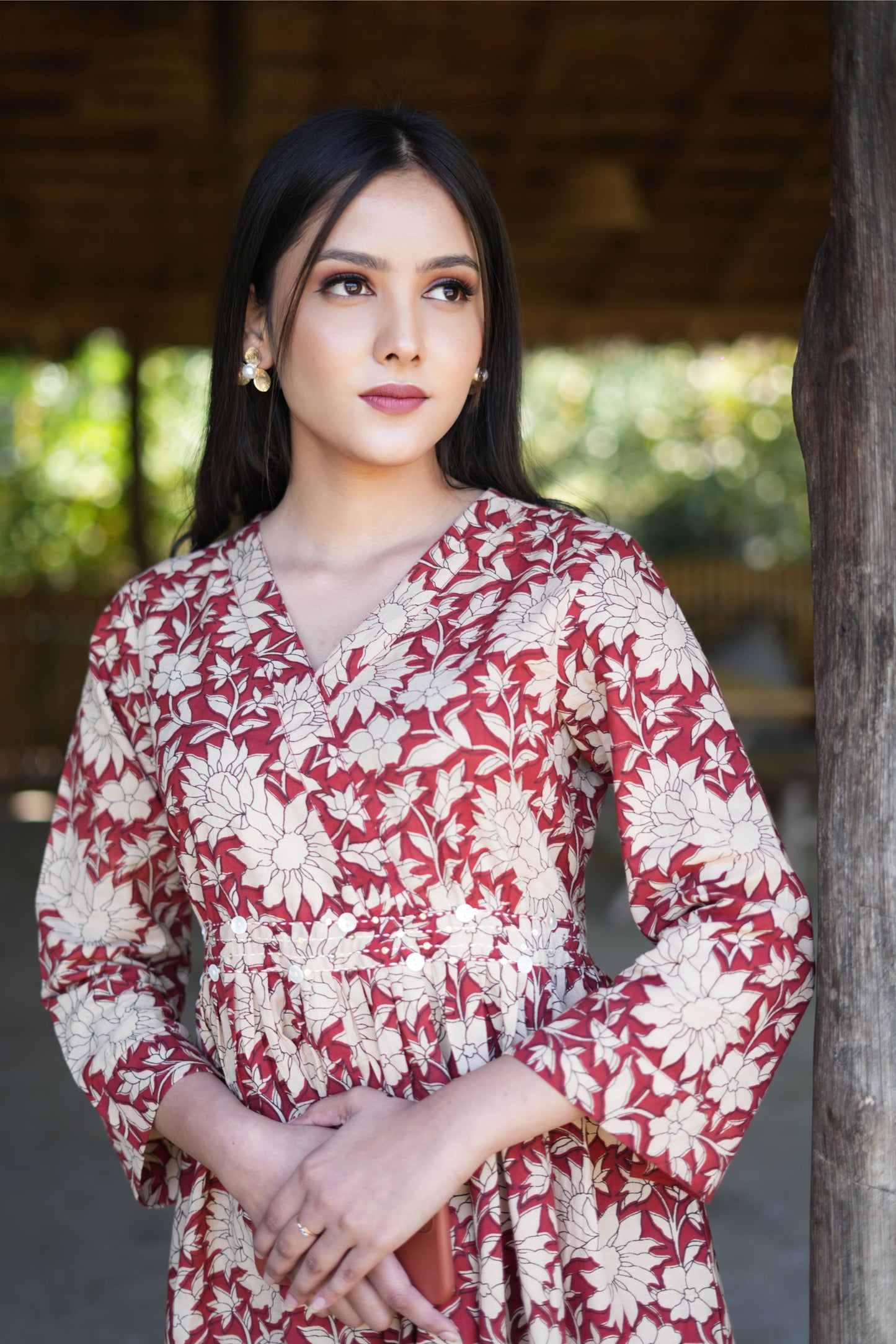 Red Kalamkari White Flower Hand Embroiderd Dress