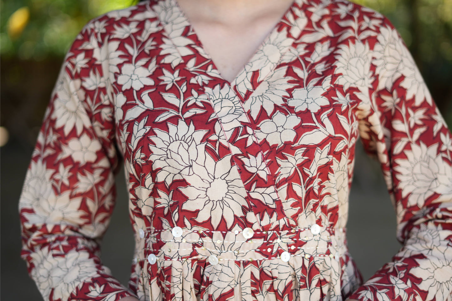 Red Kalamkari White Flower Hand Embroiderd Dress