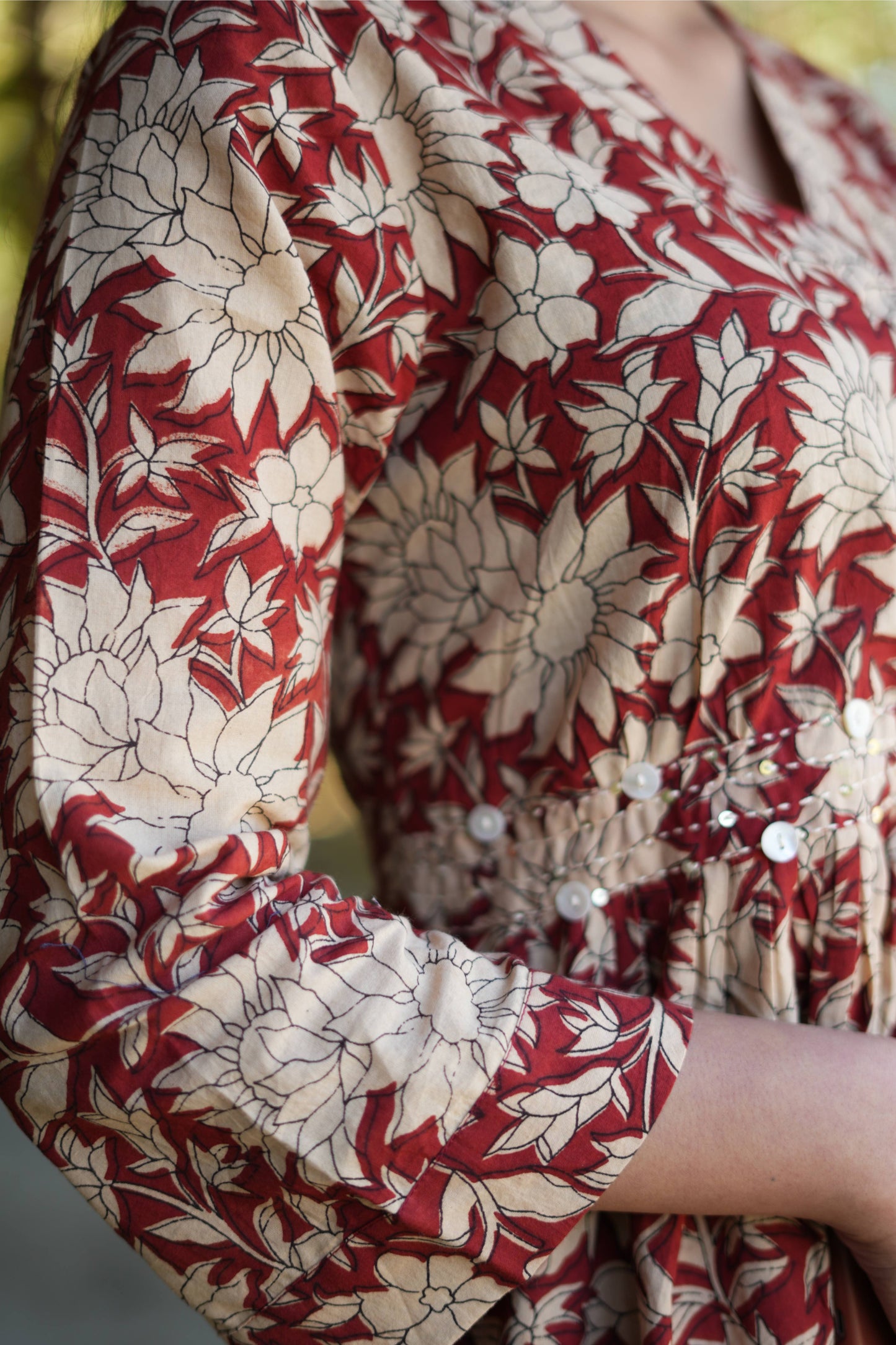 Red Kalamkari White Flower Hand Embroiderd Dress