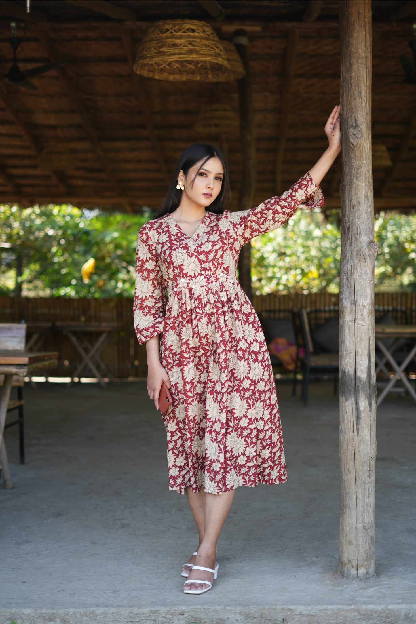 Red Kalamkari White Flower Hand Embroiderd Dress