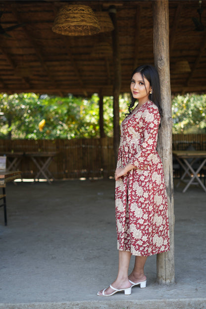 Red Kalamkari White Flower Hand Embroiderd Dress