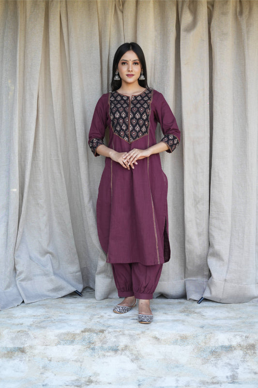 Brown Hand Embroidered Cotton Slub Suit - Set of 3