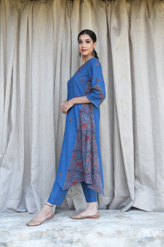 Blue Ajrakh Patched embroidered kurta
