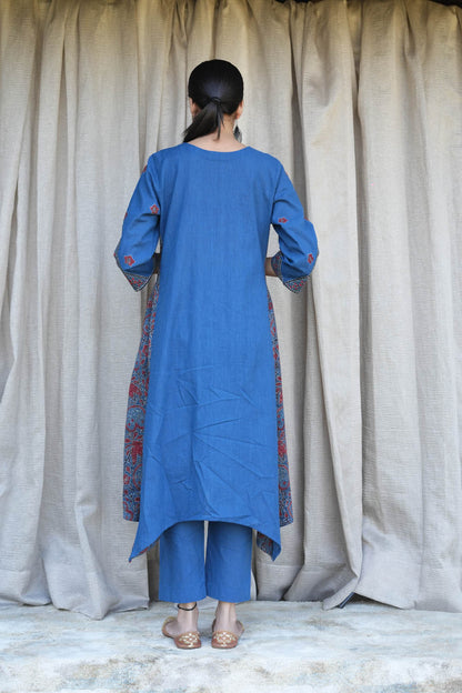 Blue Ajrakh Patched embroidered kurta