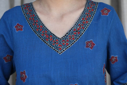 Blue Ajrakh Patched embroidered kurta