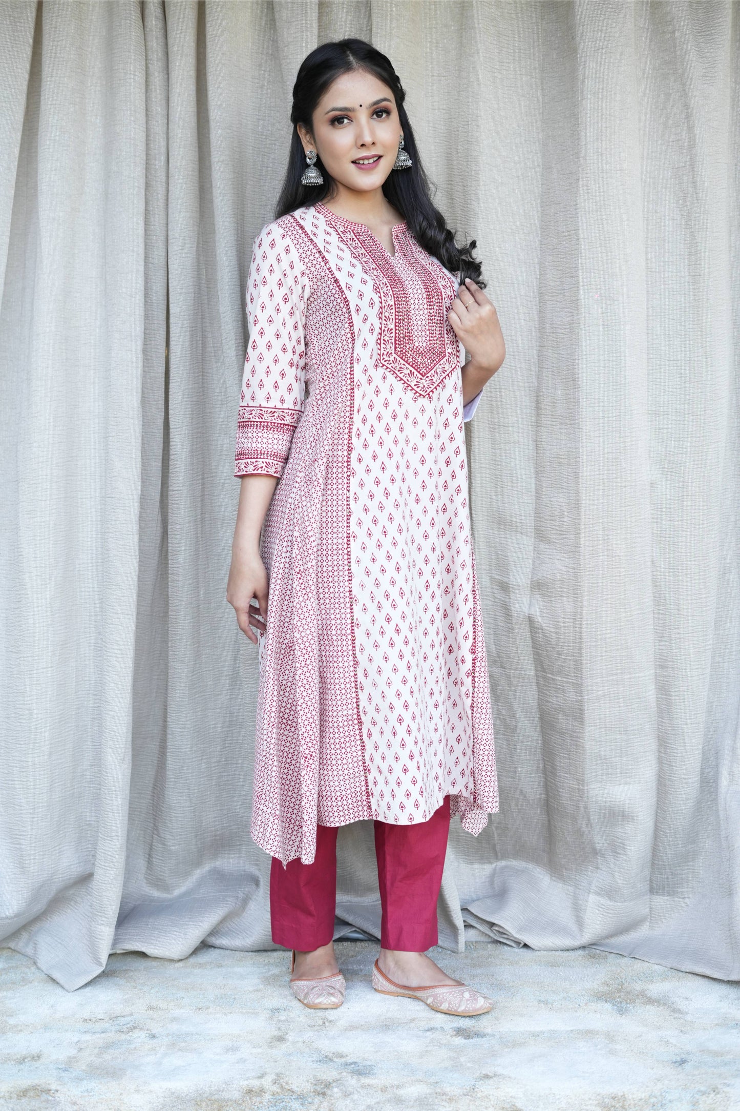 Red and White ajrakh Bagh Print Kurta