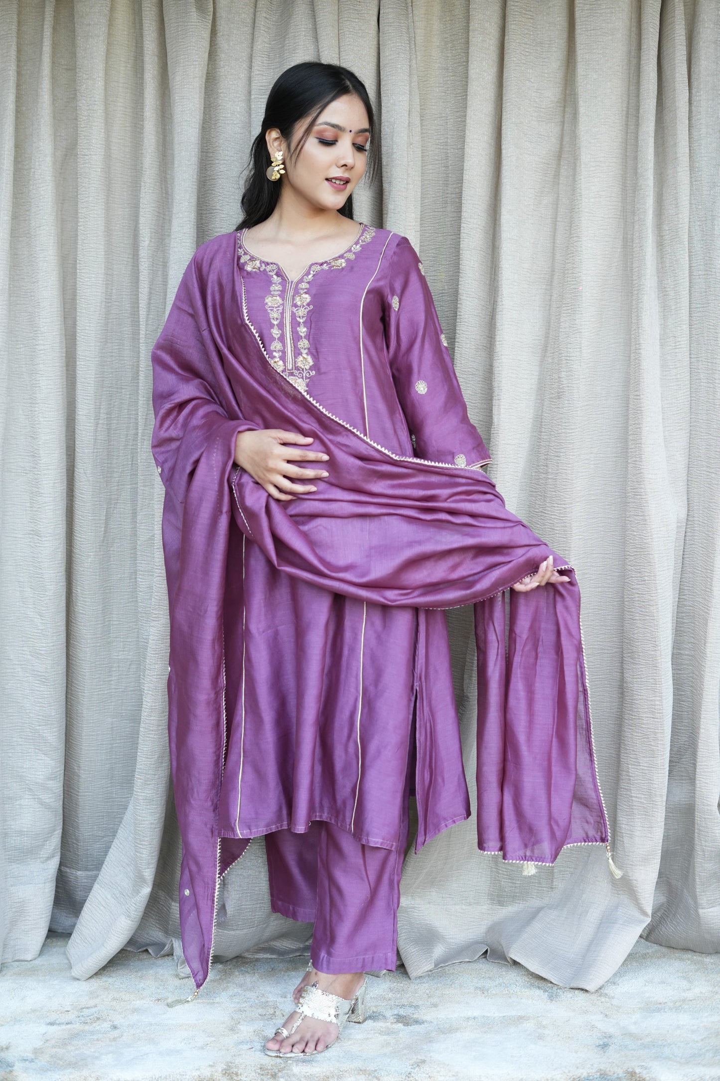 Purple hand embroidered  Chanderi suitsets