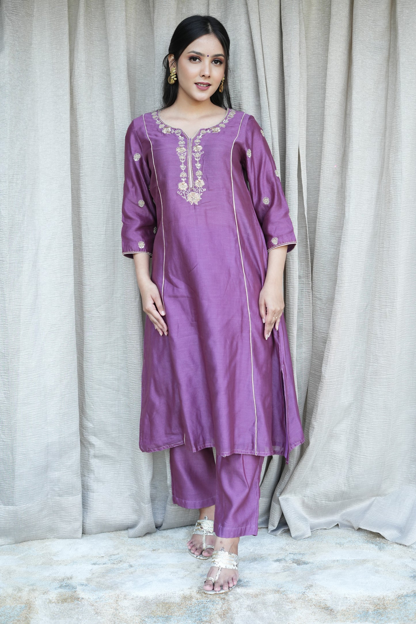 Purple hand embroidered  Chanderi suitsets
