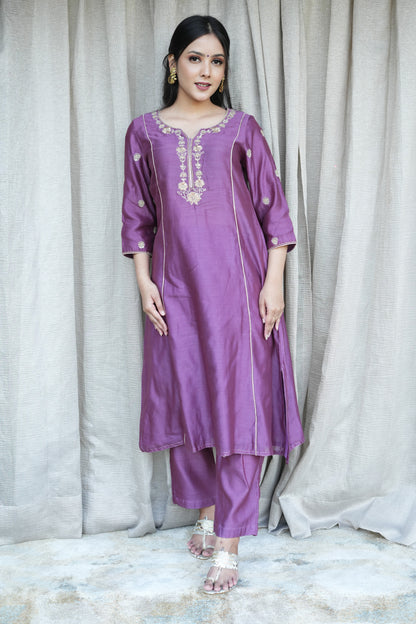 Purple hand embroidered  Chanderi suitsets