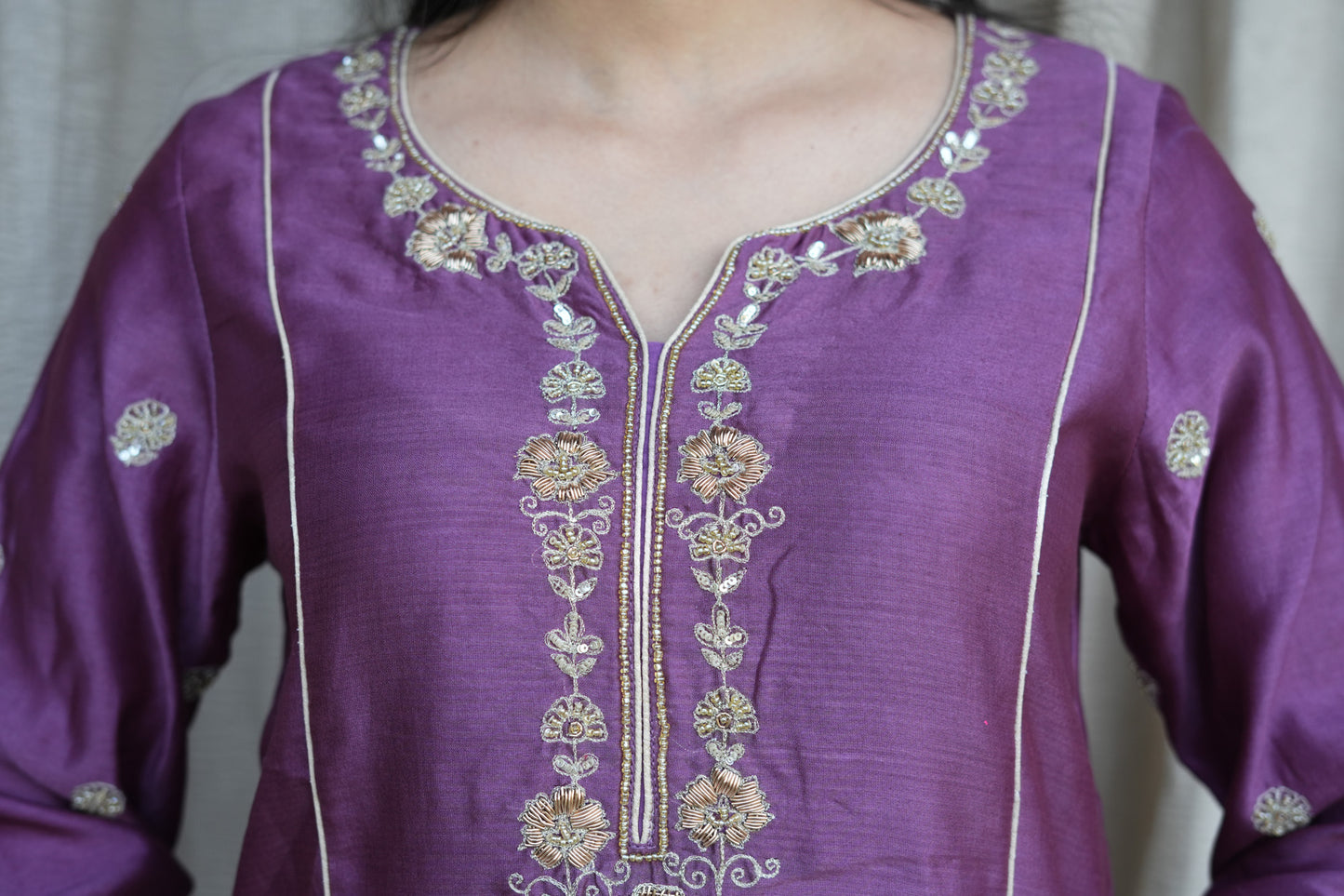 Purple hand embroidered  Chanderi suitsets