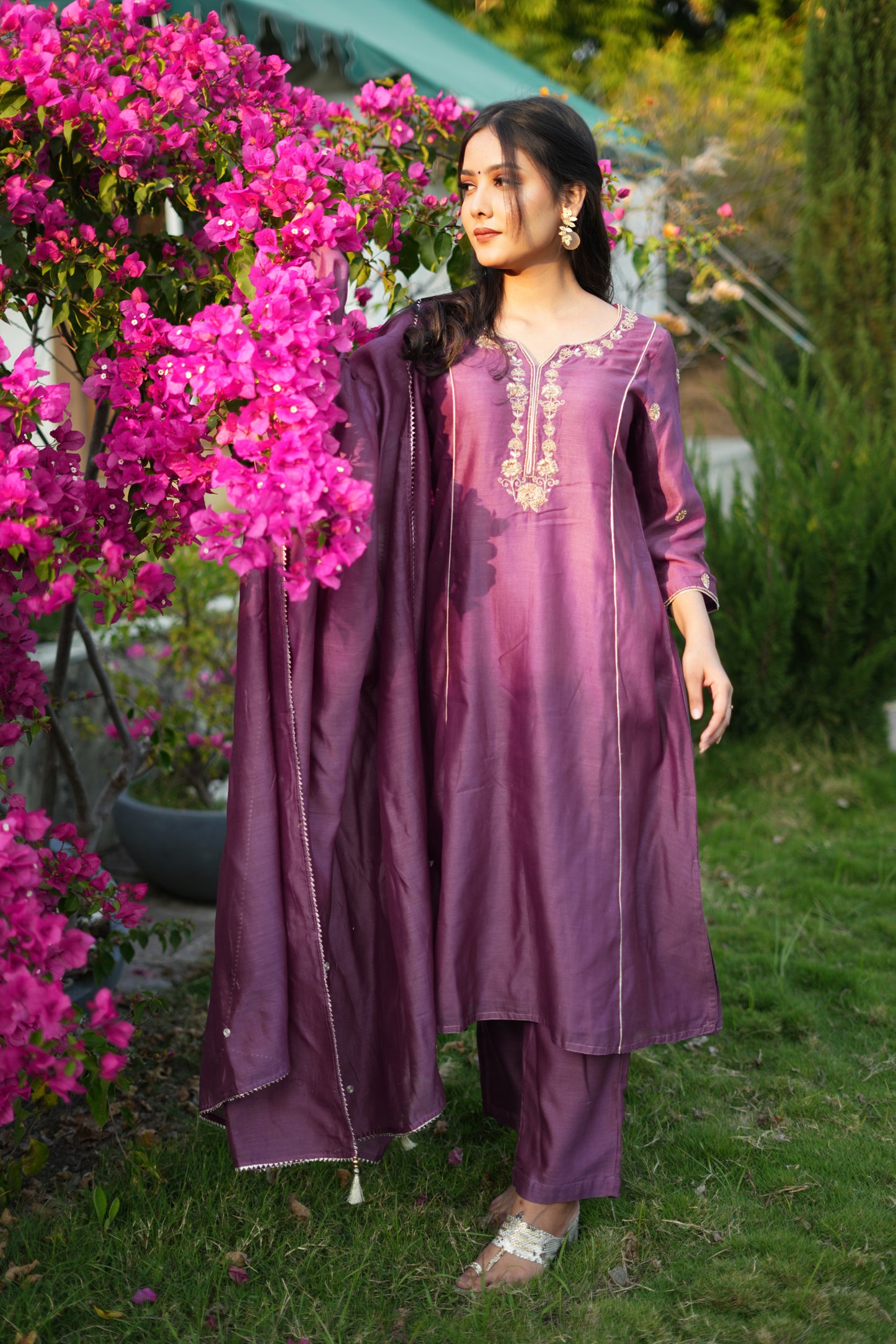 Purple hand embroidered  Chanderi suitsets