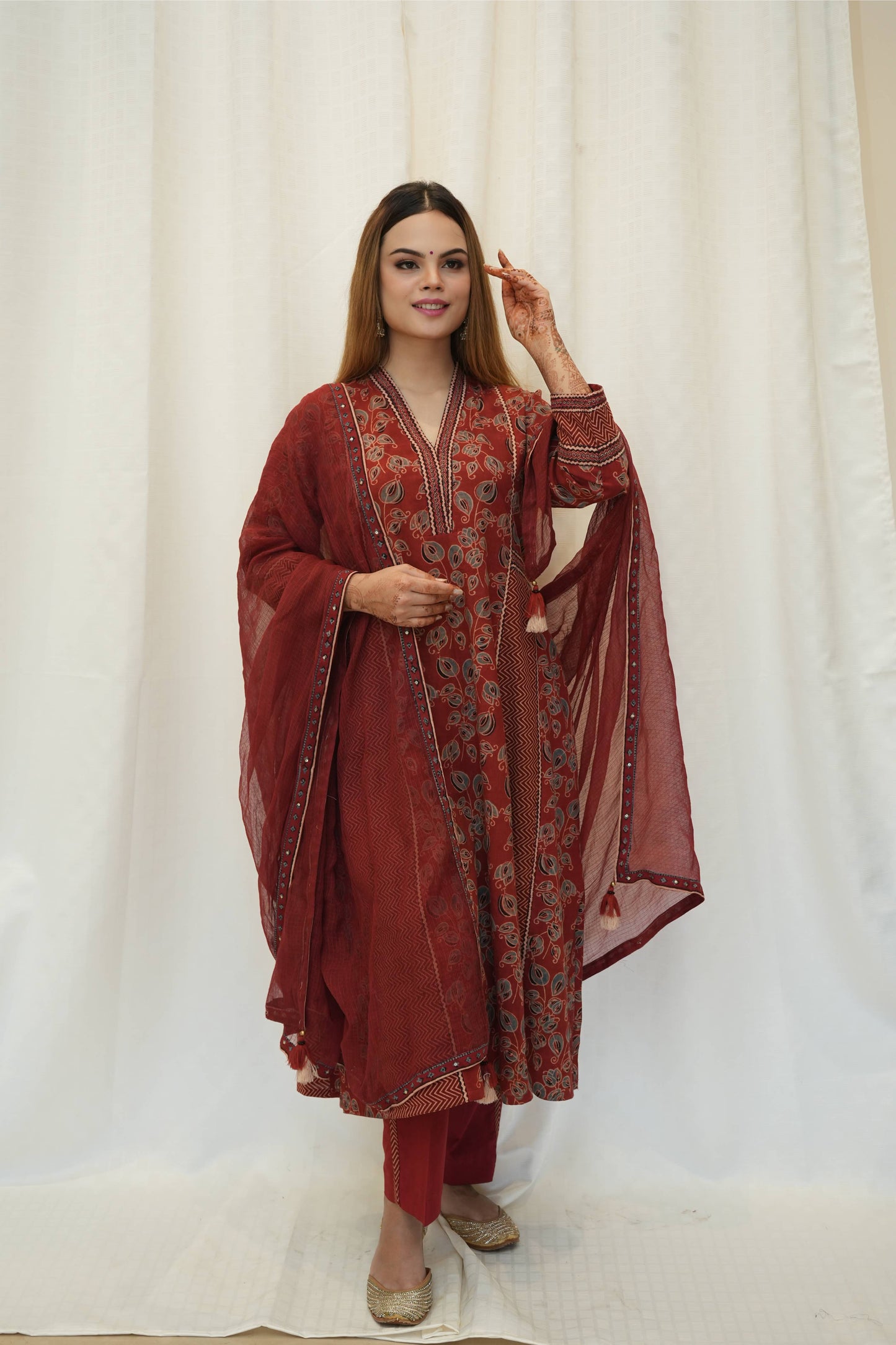 Red Ajrakah Floral and Zig zag Kali Kurta with Pant