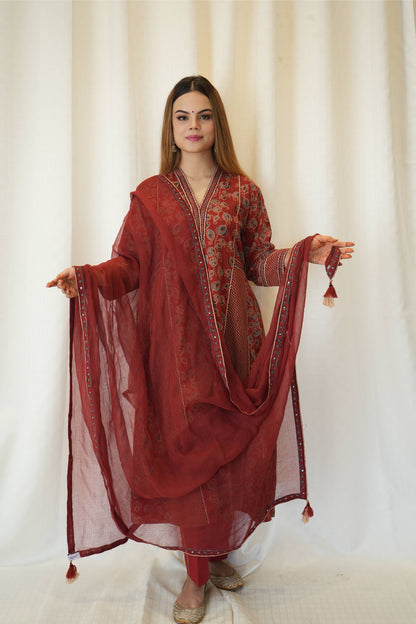 Red Ajrakah Floral and Zig zag Kali Kurta with Pant