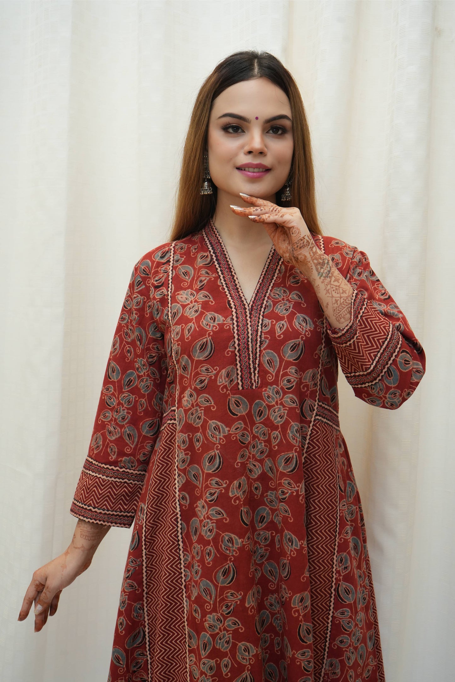 Red Ajrakah Floral and Zig zag Kali Kurta with Pant