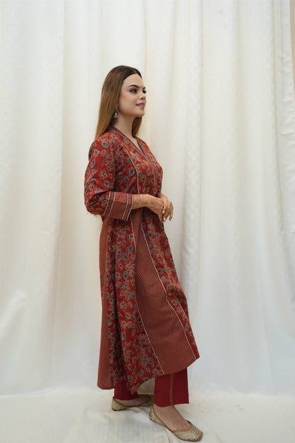 Red Ajrakah Floral and Zig zag Kali Kurta with Pant