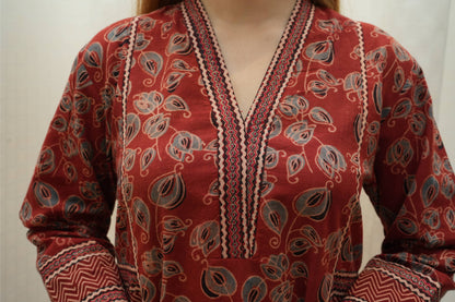 Red Ajrakah Floral and Zig zag Kali Kurta with Pant