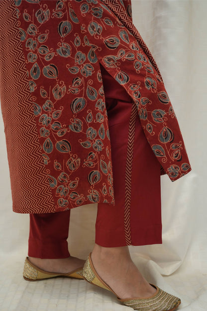 Red Ajrakah Floral and Zig zag Kali Kurta with Pant