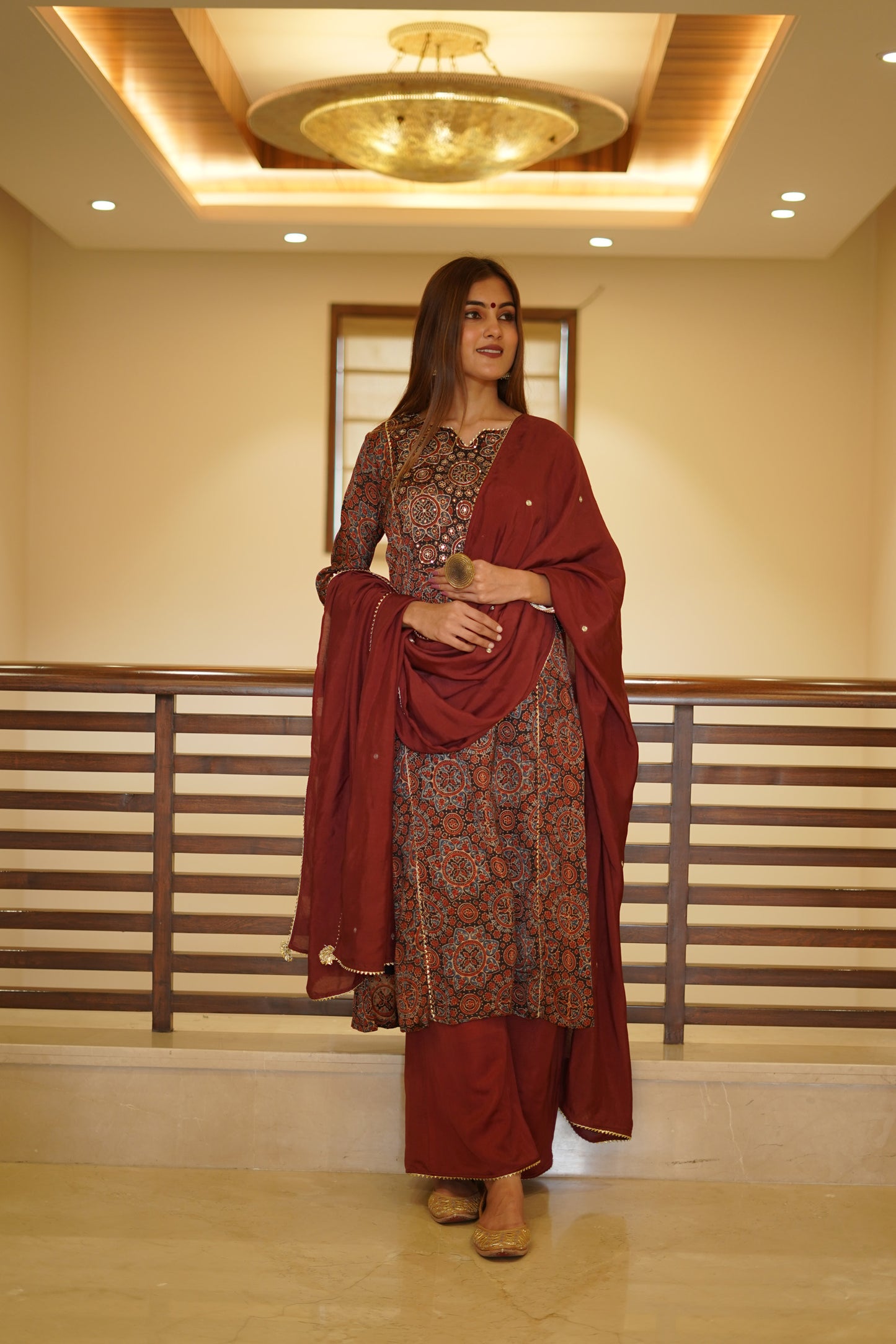 Black Maroon ajrakh print Modal Zari zardozi embellished suit set