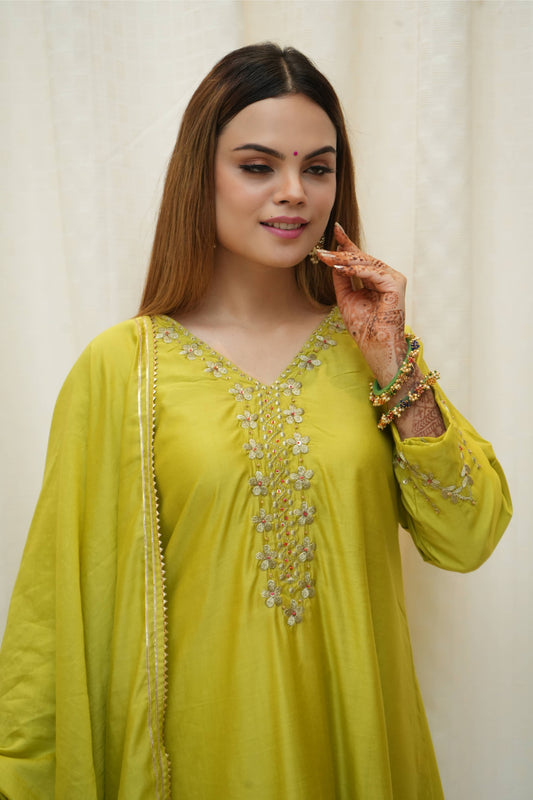 Green Ajrakh Modal Silk Golden Embroiderd Kurta and Pant