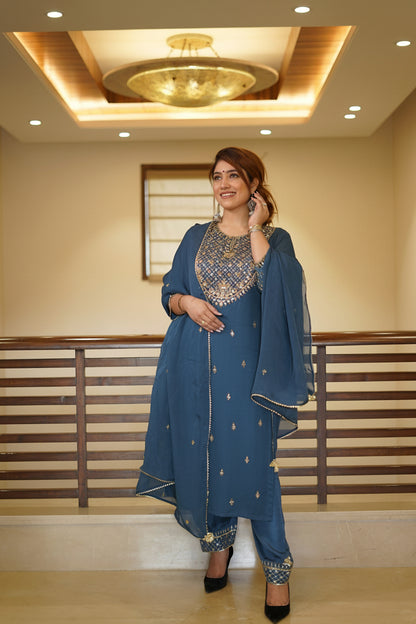 Blue Modal zari sequence embelished suitset