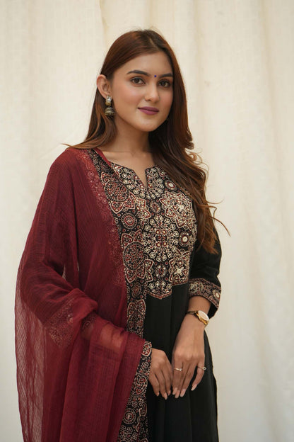 Black Cotton Ajrakh Patched Suitset
