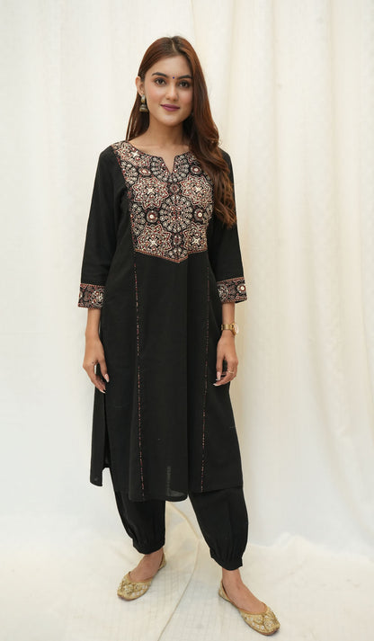 Black Cotton Ajrakh Patched Kurta