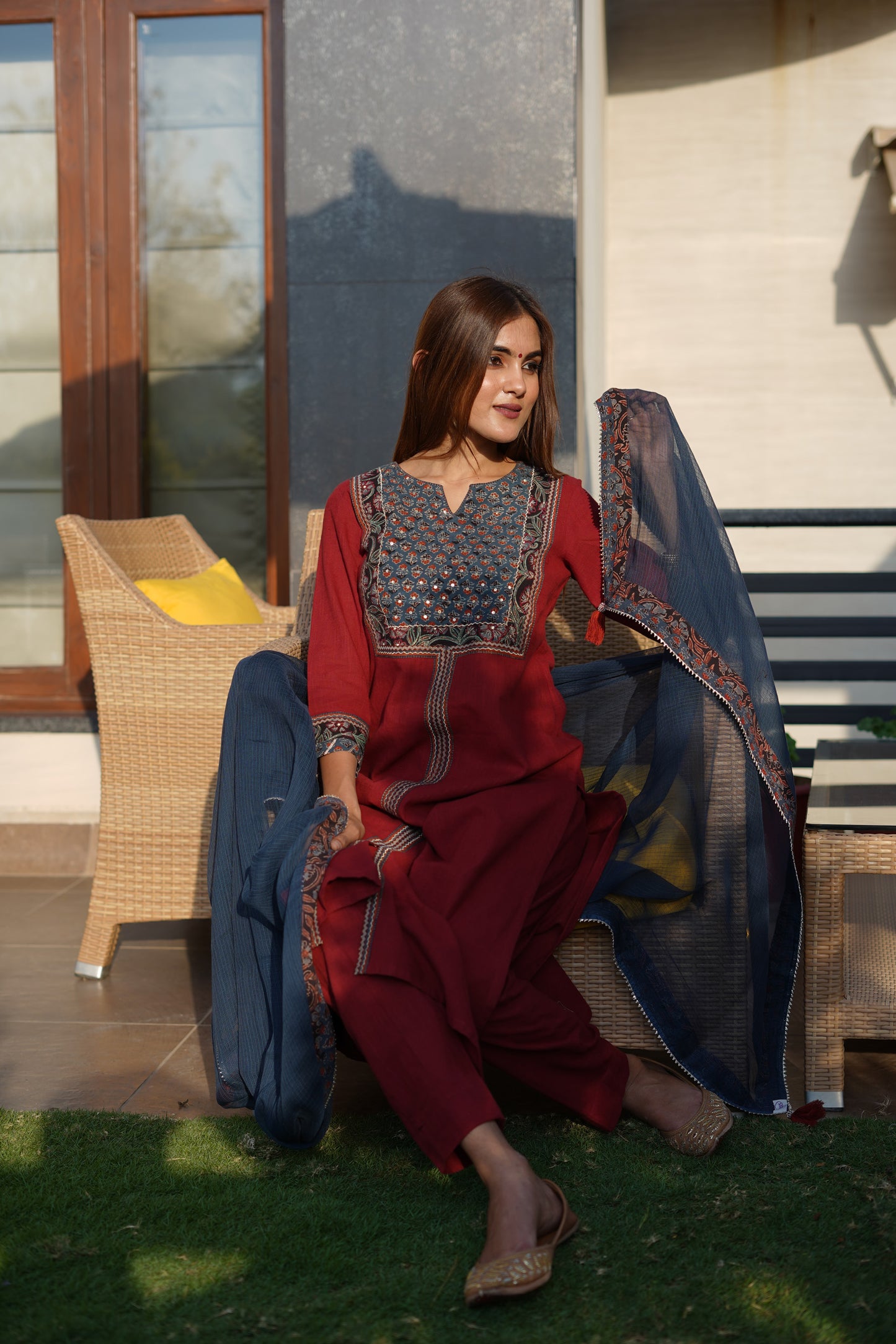 Red cotton slub with blue hand embroiderd Ajrakh Yoke suitset
